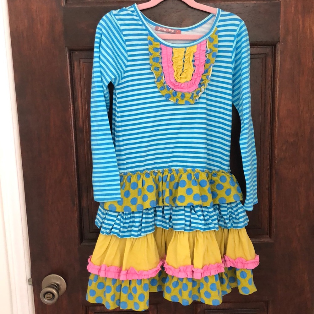 Kids girls turquoise print Jelly the Pug dress
